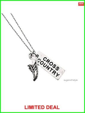 Pewter Cross Country Dog Tag Necklace with Running Shoe Charm, 18 inch